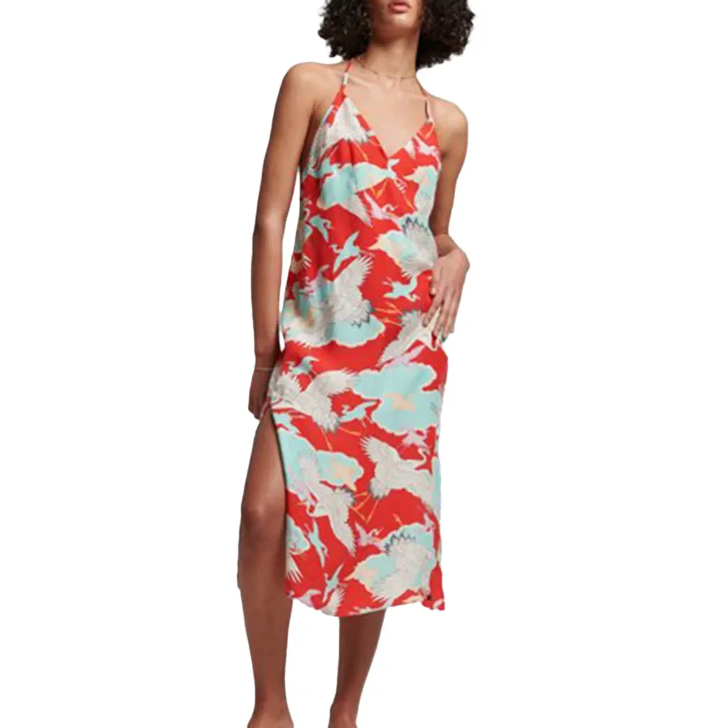 SUPERDRY Vintage Midi Halter Slip Dress /tsuru red