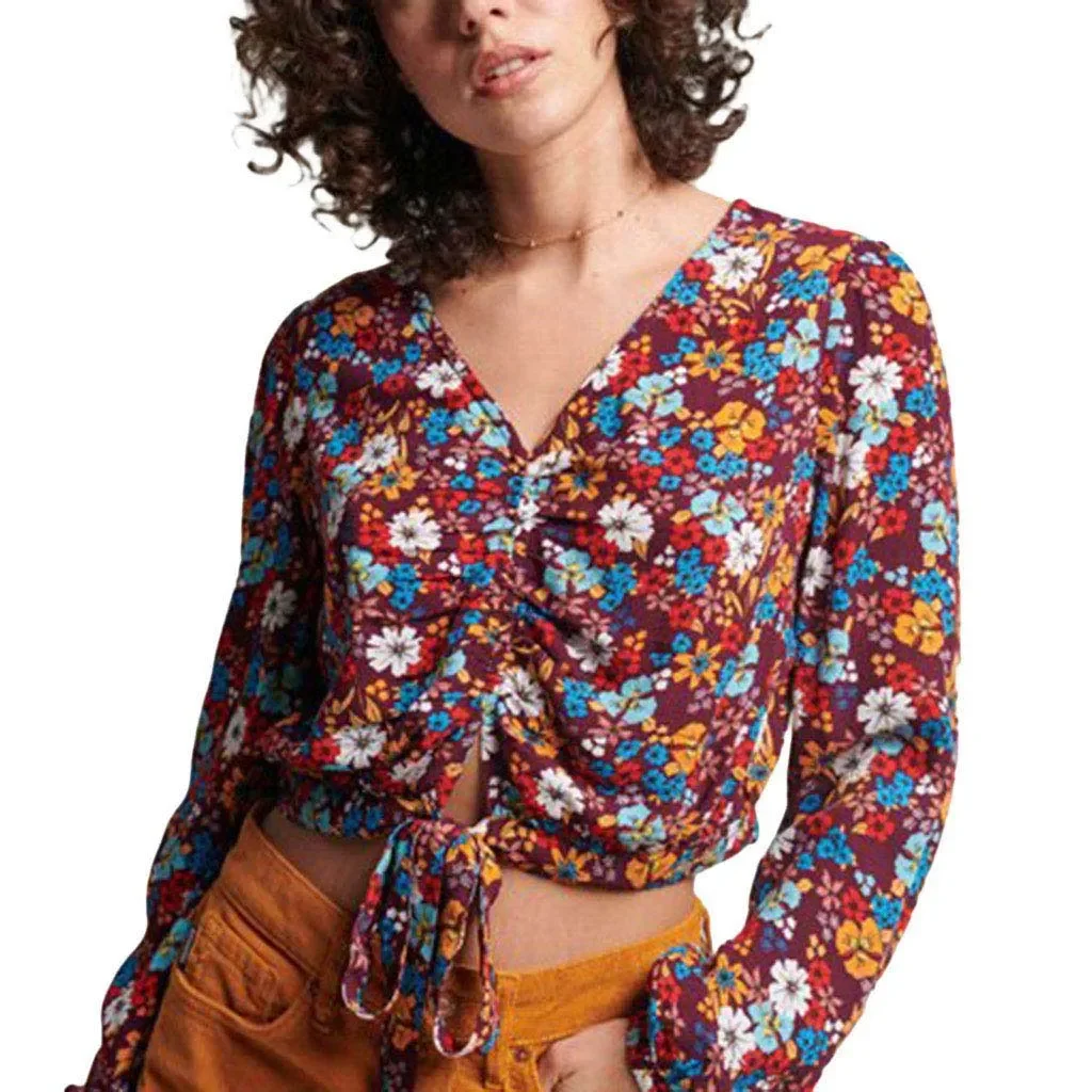 SUPERDRY Vintage Tie Front Top /70s brown floral