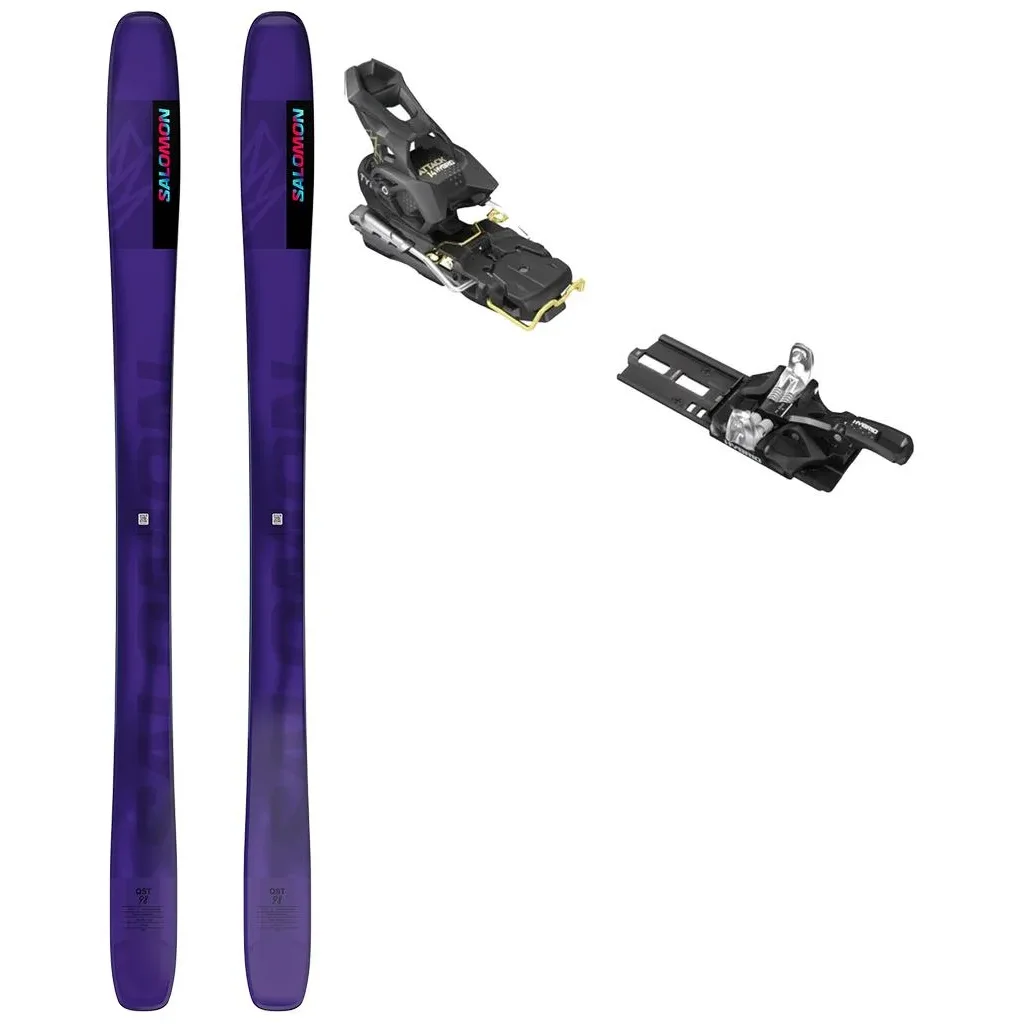 SALOMON Qst 98 /tillandsia violet pastel fluo bleu + Fix TYROLIA Attack Hybrid 14 Mn /frein 110mm
