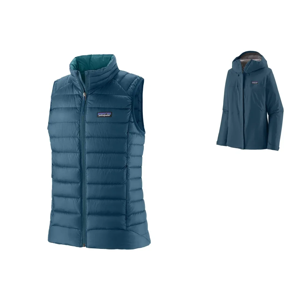 PATAGONIA Down Sweater Vest W /lagom blue + PATAGONIA Torrentshell 3L Rain Jacket W /lagom blue