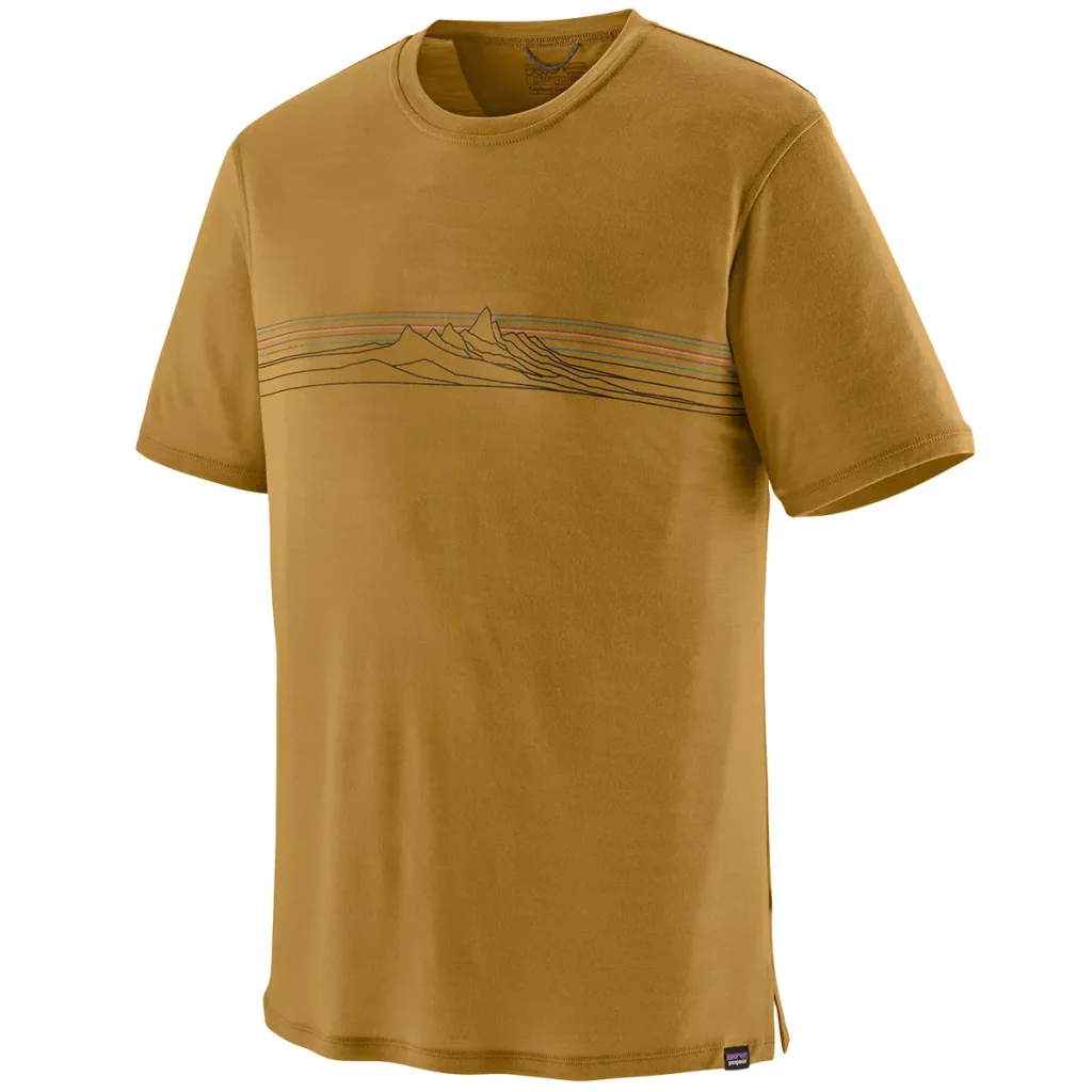 PATAGONIA Cap Cool Merino Blend Graphic Shirt /strata bandes bobcat marron